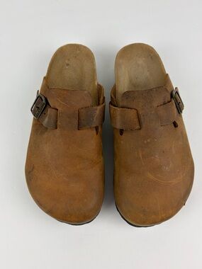 Mandel Brown Leather Slip On Close Toe Clog Distressed Buckle Slide Sandal 38